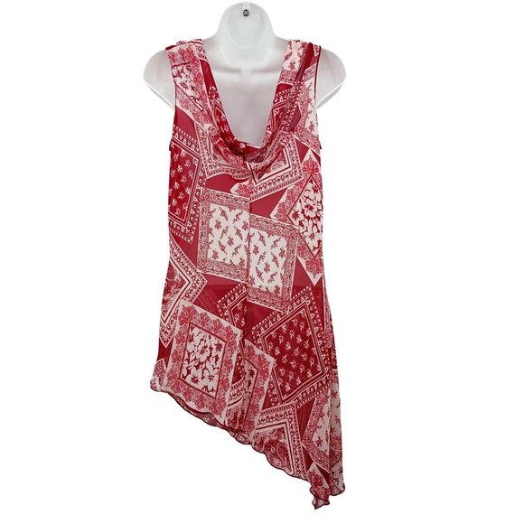 RAVE Y2K Red White Bandana Print Asymmetrical Hem Sheer Top - Picture 2 of 12